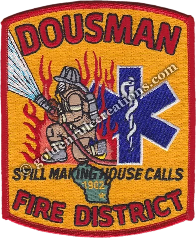 Custom embroidered Dousman Fire District, WI patch with a firefighter and Star of Life