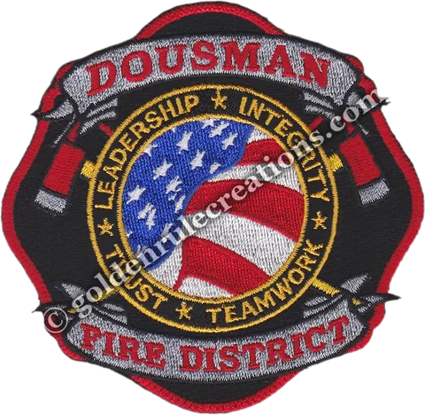 Custom embroidered Dousman Fire District, WI patch with a waving flag and Maltese cross