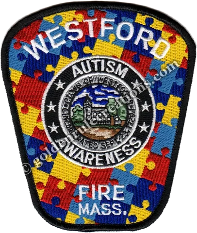 Fire department patch restyled with the autism-awareness puzzle pattern