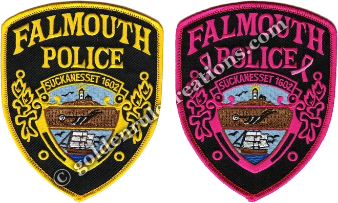 A police department emblem shown in its standard version and restyled in pink for breast cancer awareness