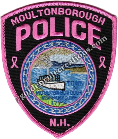 Police patch with pink lettering, pink ribbons and a pink border for breast cancer awareness