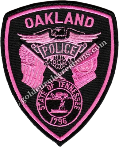 Police patch with an eagle, crossed flags and state seal stitched in pink on black for breast cancer awareness