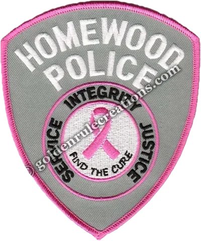 Police patch with a pink breast-cancer awareness ribbon and Find the Cure lettering